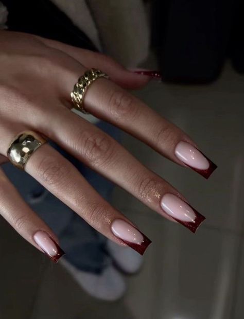 Dark Red Nails Simple Design, French Tip Wine Red Nails, Cherry Wine Nails French Tip, Red Burgundy Nails Acrylic, Graduation Nails Burgundy, Marron Red Nails Acrylic, Medium Nail Designs Fall, Nails Acrylic For Graduation, Burgundy Nail French Tip