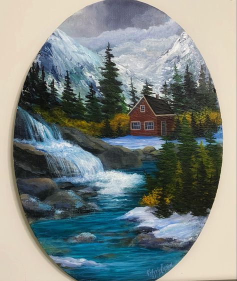 Cottage, river, mountains, Ideas For Round Canvas, Acrelick Art, Painting On Oval Canvas, Acrylic Painting On Round Canvas, Round Acrylic Painting, Oval Canvas Painting Ideas Easy, Oval Painting Ideas, Oval Paintings Canvas, Oval Canvas Painting Ideas