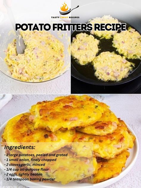 **Potato Fritters Recipe** **Ingredients:** - 2 large potatoes, peeled and grated - 1 small onion, finely chopped - 2 cloves garlic, minced - 1/4 cup all-purpose flour - 2 eggs, lightly beaten - 1/4 teaspoon baking powder - Salt and pepper, to taste - Vegetable oil, for frying **Instructions:** 1. **Prepare Potatoes:** Place the grated potatoes in a clean kitchen towel or cheesecloth and squeeze out as much excess moisture as possible. 2. **Mix Ingredients:** In a large mixing bowl, comb... Potato Fritters Recipe, Potato Fritters, Fritters Recipe, Instagram Recipes, Grated Potato, Twisted Recipes, Trending Recipes, Recipe Ingredients, 2 Eggs