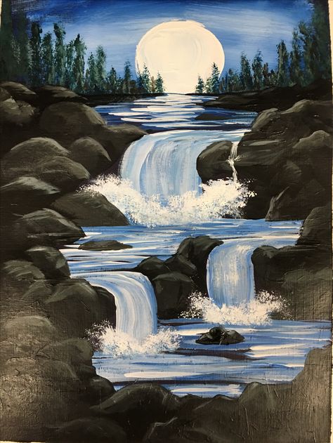 A Beautiful Scenery Drawing, Sip And Paint Ideas For Beginners, Easy Painting Tutorials, Beautiful Scenery Paintings, River Drawing, Painting River, Waterfall Painting, Waterfall Scenery, Easy Landscape Paintings