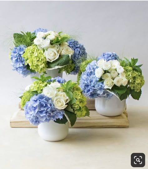 Grouping Floral Arrangements, Blue Floral Centrepiece, Centerpieces With Blue Hydrangeas, Floral Arrangements With Blue Hydrangeas, Dining Room Table Floral Centerpiece, Blue And White Hydrangea Arrangements, Blue Hydrangea Arrangements Centerpieces, Hydrangeas Floral Arrangements, Blue Hydrangeas Centerpiece