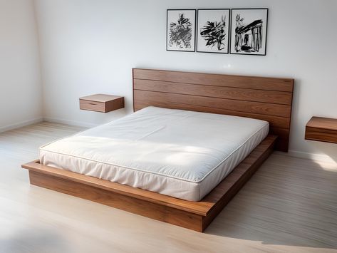 Wooden Bed Frame Platform, Bed No Bed Frame, How To Make A Queen Size Bed Frame, Platform Bed Plans Queen, Diy Guest Bed, Platform Beds Ideas, Simple Double Bed Design, No Frame Bed, Minimalist Bed Design