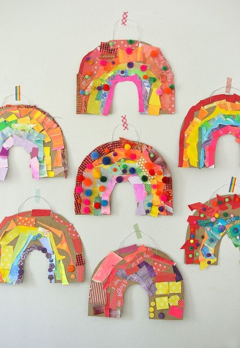 Children use colored collage material to make a rainbow from cardboard. Cardboard Rainbow, Rainbow Collage, Inspiration Bathroom, Color Collage, Remodel Inspiration, Kindergarten Art, Art Activities For Kids, Toddler Art, Minimalist Bathroom