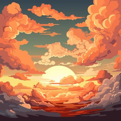 Vector evening sky clouds sunset backgro... | Premium Vector #Freepik #vector #anime-sky #sunset-clouds #sky-illustration #dusk Sunset Clouds Drawing, Sky Aesthetic Illustration, Sky Drawing Clouds, Clouds Illustration Art, Sun Behind Clouds Drawing, Sky Illustration Art, Sunset Illustration Art, Tangerine Tattoo, Sunset Drawing Ideas