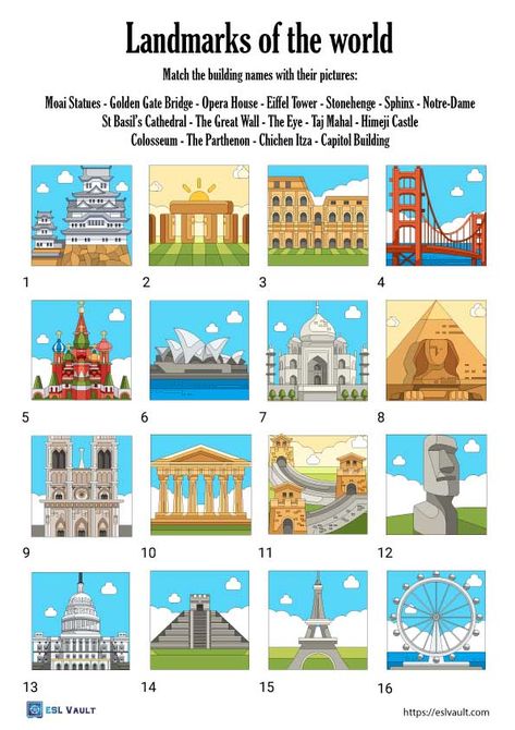 world landmark worksheets Around The World Worksheets, Geography Printables, Landmarks Around The World, World Landmarks, Subject And Predicate Worksheets, Geography Worksheets, St Basils Cathedral, Language Classroom, Matching Worksheets