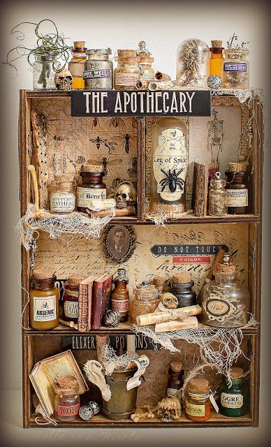 Witchy China Hutch, Miniature Oddities Diy, Miniature Halloween Decorations, Miniature Apothecary Cabinet, Goth Miniatures, Miniature Crafts Diy How To Make, Apothecary Crafts, Fairy Apothecary, Fairy Skeleton