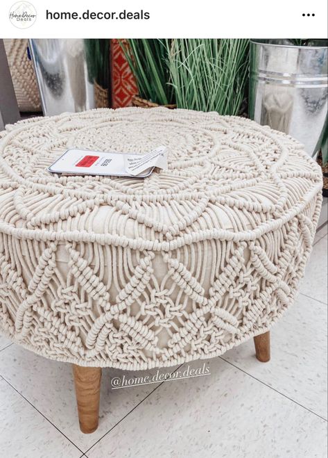 Boho ottoman with woven texture and light wooden legs Macrame Ottoman, Boho Footstool, Outdoor Poufs, Boho Ottoman, Boho Ottomans, Modern Organic Home, Zen Den, Ottoman Decor, Outdoor Pouf