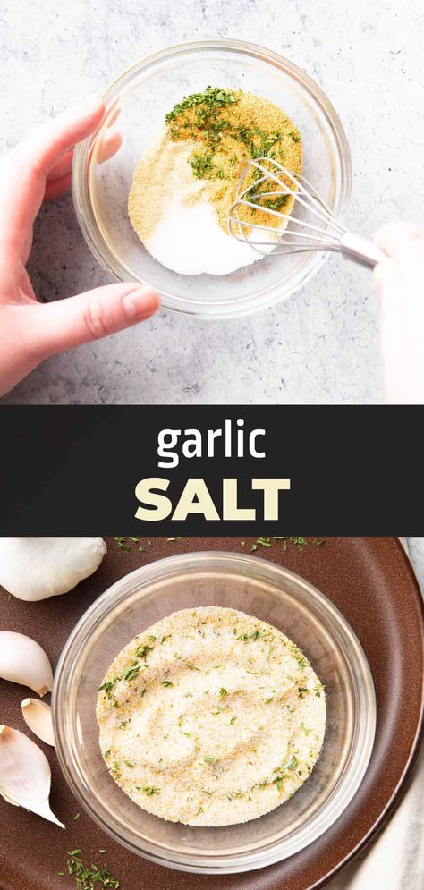 The very best garlic salt you’ve ever tasted! Just 4 ingredients and no fuss, for bold garlic flavor balanced by a tease of parsley and a touch of onion powder. | Recipe at BeamingBaker.com Lawrys Garlic Salt Recipe, Homemade Garlic Salt Recipe, How To Make Garlic Salt, Garlic Salt Recipe Diy, Gourmet Salt Recipes, Garlic Powder Recipe, Diy Garlic Salt, Garlic Salt Recipe, Homemade Garlic Salt