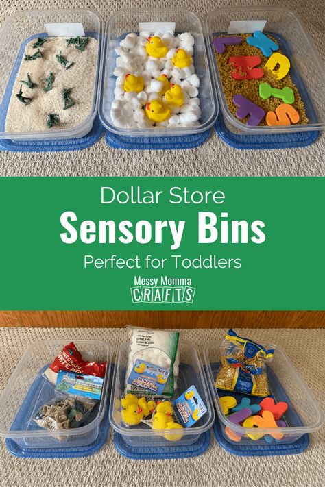 A sensory bin is a fun way for toddlers to practice cognitive and fine motor skills with play! This easy DIY uses items from the dollar store and around the house. Learn how to make homemade sensory bins for your kids from Messy Momma Crafts. #MessyMommaCrafts Sensory Bins For Toddlers, Homemade Sensory, Toddler Sensory Bins, Sensory Items, Easy Toddler Activities, Baby Sensory Play, Sensory Crafts, Sensory Activities Toddlers, Baby Play Activities