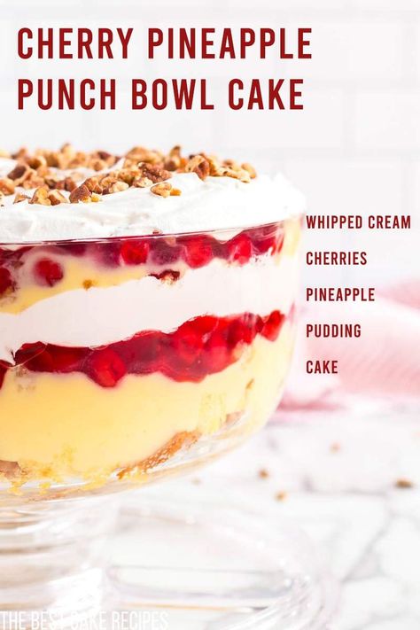 A deliciously fresh cake recipe that is perfect for warmer weather! Make this easy Cherry Pineapple Punch Bowl Cake recipe your go-to dessert for summer entertaining! This Cherry Pineapple Punch Bowl Cake is the perfect recipe to feed a crowd for summer barbecues, picnics, and parties.  Guests will love the tangy/sweet flavors of the cake, fruit, and Cool Whip combo. You’ll love that this recipe uses cake and pudding mix from a box, making it extremely easy to make and serve! Southern Punch Bowl Cake, Fruit Punch Bowl Cake Recipe, Cake Bowl Desserts, Punch Bowl Cake Recipe Easy, Punch Bowl Dessert Recipes, Punchbowl Cakes, Punchbowl Cake, Cherry Trifle Recipes, Cherry Trifle Desserts