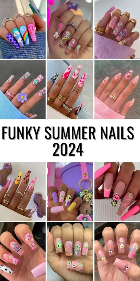 Embrace the trends of summer almond nails 2024 with designs that blend the latest in nail art with timeless elegance. From the bright, neon hues that make a statement to the subtle charm of French tips, these designs cater to every nail type and preference. With a rich palette of colors, including pink, blue, green, and orange, you can find the perfect design to reflect your mood and style this summer. Hot Nail Designs Summer, Bright Colorful Nail Designs, Funky Bright Nails, Patterned Nail Designs, Latest Nail Designs Trends 2024, Funky Nails 2024, Summer Nail Designs 2024 Pink, Throwback Nail Designs, Cute Funky Nails Square