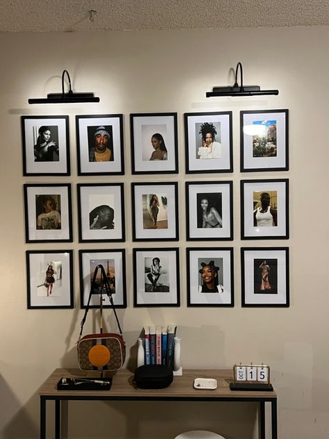 Celebrity Wall, Fashion Gallery Wall, Bedroom Portraits Wall Art, Beyonce Room Decor, Tupac Room Ideas, Black Art Gallery Wall, Room Ideas Rapper Posters, 2pac Room Decor, Self Portrait Wall Decor