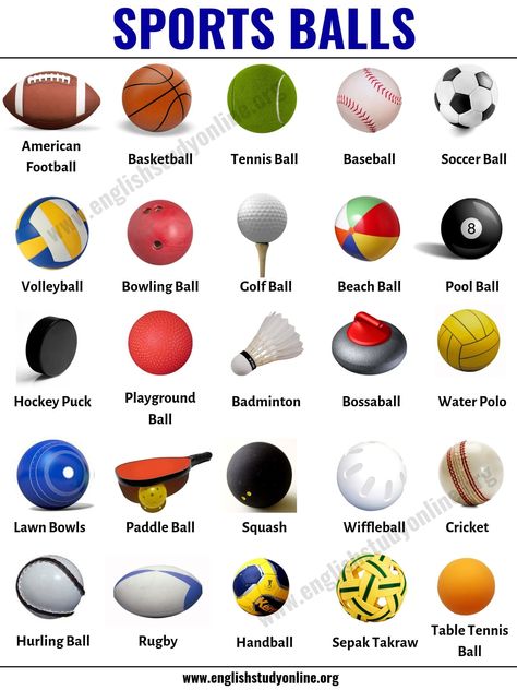 Sports Balls: List of 25 Popular Ball Games Around the World - English Study Online Different Balls Sports, Type Of Sports, Sports List, Sport English, Types Of Games, Types Of Sports, Tatabahasa Inggeris, Study Online, Ball Games