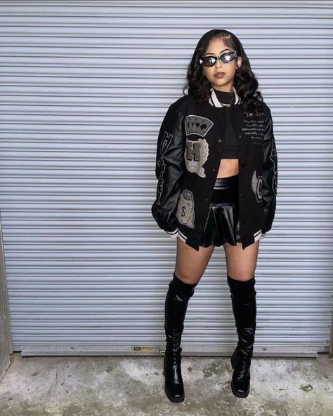 Stylish Outfits With Jordans, Thigh Height Boots Outfit, Birthday Outfits Black Women 19th, Black Skirt Outfit Birthday, Cute Birthday Outfits Black Women Casual, Wrestlemania Outfit Ideas, Summer Walker Concert Outfits, Black And Sliver Outfit Ideas, Birthday Outfit Pants And Top