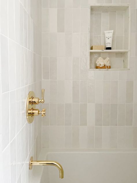 Beach’s Bathroom, Chevron Marble Floor Bathroom, Modern Tile Wainscoting Bathroom, Standard Size Walk In Shower, All White Master Bath, Bathroom Tile Ideas Neutral, Bathroom Accent Wall Tile, Creamy Bathroom, Small Neutral Bathroom