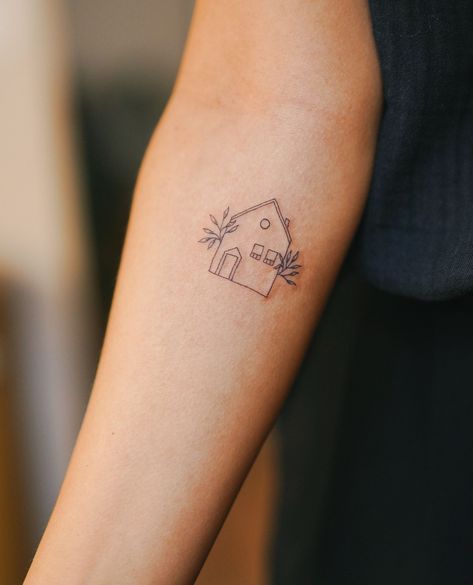 cute little house⁠ ⁠ ⁠ #tattooart #tattooed #tattooartist #ink #inkedup #tat #tattooer #tatuaggi #tattooist #tattoolife #tattoosupply #tattooideas #tattoodesign #instatattoo #blackwork #schorndorf #lrosie #cute #cutetattoo #smalltattoo #fineline Outline Of House Tattoo, Matching House Tattoos, You Are My Home Tattoo, Fine Line House Tattoo, Simple House Tattoo, Cozy Tattoo Ideas, Happy Place Tattoo, House Outline Tattoo, Childhood Home Tattoo