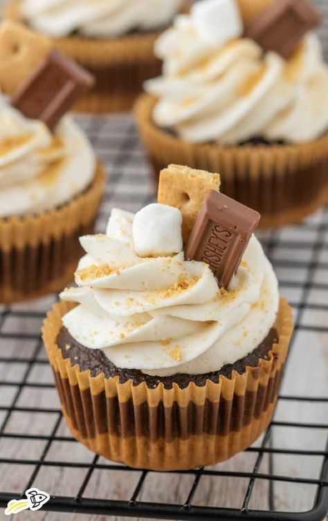 Bake Sale Ideas Cupcakes, Fall Chocolate Cupcake Flavors, S'mores Cupcakes Marshmallow Frosting, Marshmallow Stuffed Cupcakes, Caramel Crunch Cupcakes, Seasonal Cupcake Flavors, Mini Smores Cupcakes, Smores Cupcakes Box Cake, Bonfire Cupcake Ideas