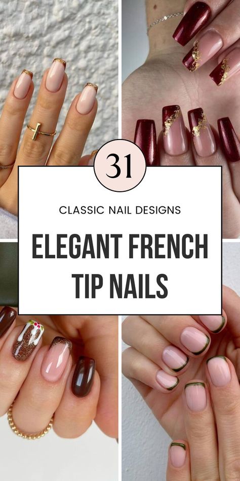 Step up your winter style with elegant French tip nails! These designs feature classy touches like gold or red tips on almond or short nails. Perfect for anyone looking for a chic, simple manicure. Save this pin to discover more elegant nail polish ideas and classy French manicure looks! French Tip Nails Short Square, Fancy French Nails, Elegant French Tip Nails, Elegant Nail Polish, Nails For Winter, Classic Nail Art, Classic Nail, Classy Nail, Easy Manicure