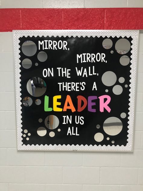 Mentor Board Ideas, Bulletin Board Ideas With Mirrors, Junior High School Bulletin Board Ideas, Who Am I Bulletin Board Ideas, Discipline Board Ideas, Shoot For Success Bulletin Board, We Are Leaders Bulletin Board, Leader In Me Door Decorations, Cricket Classroom Ideas