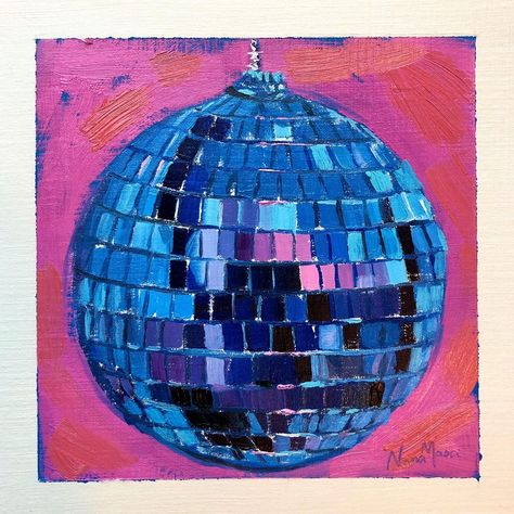 Rainbow Disco Ball Painting, Blue Disco Ball Painting, Acrylic Painting Objects, Disco Ball Pixel Art, Disco Ball Acrylic Painting, Disco Painting Ideas, Disco Ball Painting Tutorial, Mirror Ball Drawing, Mirror Ball Painting