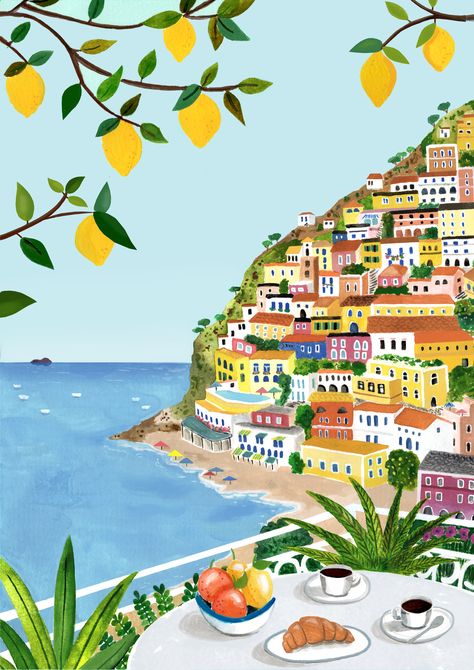 Amalfi Coast Illustration, Coast Illustration, Italy Art Print, Italian Coast, Soyut Sanat Tabloları, Italy Art, 수채화 그림, Art And Illustration, Art Inspiration Painting