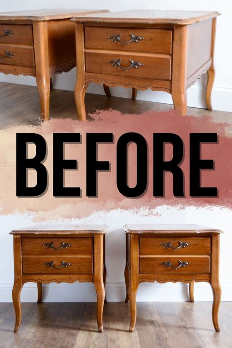 French Provincial Nightstand Makeover, Nightstands Makeover, Refurbished Night Stand, Painted Nightstand Ideas, French Provincial Bedside Table, Refinished End Tables, French Provincial End Tables, Bedside Table Makeover, French Provincial Nightstand