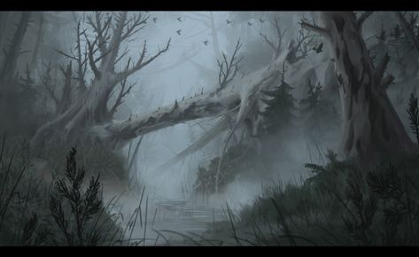 Creepy Forest Art, Flooded Forest Fantasy Art, Creepy Forest Background, Spooky Forest Painting, Dead Forest, Forest Village, The Boy King, Forest Map, Creepy Misty Forest