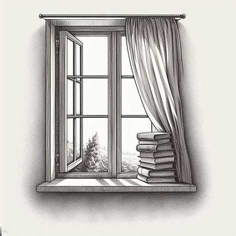 drawing of a single hung window with a stack of books on the sill and a curtain blowing out, minimalist - Image Creator from Microsoft Bing Window Design Sketch, Creepy Window Drawing, Falling Books Drawing, Colored Pencil Drawing Inspiration, How To Draw A Curtain, Windows Drawing Sketch, Reading Nook Drawing, How To Draw Windows, Window Sill Tattoo