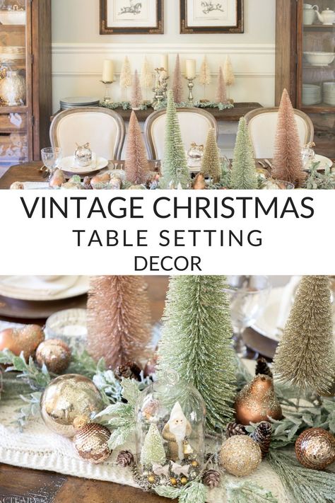 My Vintage Christmas table setting needed to be elegant yet subtle. soft colors, glittered trees, and mercury glass coming together are the perfect Christmas table settings and pair well with vintage plates; I love the soft, look of this centerpiece and the subtle color palette that has just the right amount of sparkle and glitter that pull these Christmas table settings vintage centerpieces. For more Christmas ideas check out Santurary Home Decor. Christmas Table Centerpieces With Trees, Vintage Christmas Place Settings, Whimsical Christmas Table Setting Ideas, Christmas Tea Tablescapes, Vintage Christmas Table Decor, Vintage Christmas Dining Table Decor, Christmas Tree Centerpieces For Table, Vintage Christmas Tablescapes, Christmas Tree Table Centerpieces