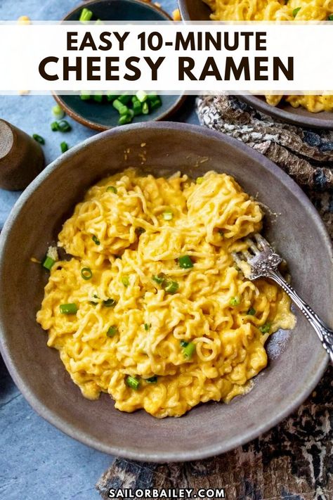 This Cheesy Ramen is delectable and ready in 10 minutes. It is an easy, cheesy comfort meal or side dish and perfect when you need a quick and affordable lunch idea or dinner recipe you will love! Ramen Noodle Creamy, How To Level Up Ramen, Ramen Noodle Mac And Cheese, Bbq Ramen Noodle Recipes, Recipes To Make With Ramen Noodles, How To Upgrade Instant Ramen, Things To Put In Ramen Noodles, Ramen And Meatballs, Creamy Cheesy Ramen Noodles