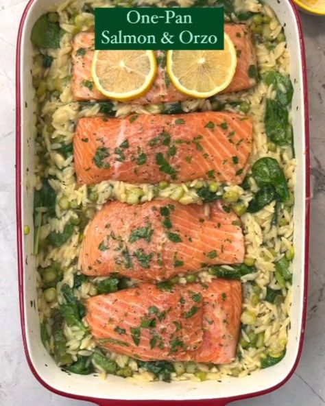 One Pan Salmon And Orzo Dinner, Salmon Orzo Bake, One Pan Salmon And Orzo, Salmon Orzo Recipe, Asparagus Orzo, Salmon Orzo, Orzo Dinner, Pan Salmon, Salmon Filets