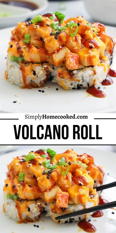 Spicy Shrimp Sushi Stacks, Breakfast Sushi Rolls, Crab Sushi Cups, Homemade Sushi Rolls Crab, No Fish Sushi Recipes, Sushi Shrimp Recipes, Godzilla Sushi Roll, Volcano Roll Sushi Bowl, Sushi With Crab Meat