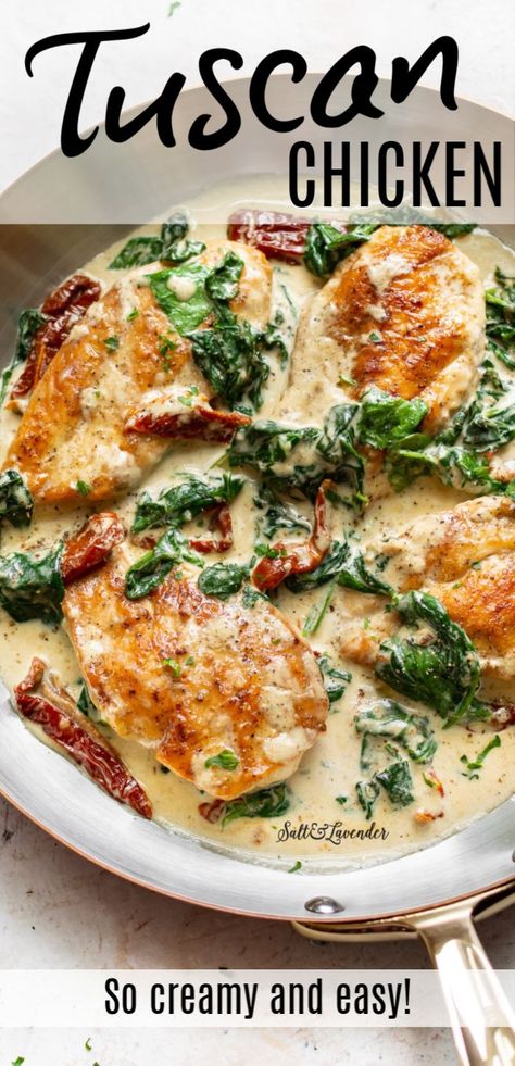 This Olive Garden-inspired recipe with tender pan-fried chicken and a garlic cream sauce with sun-dried tomatoes, spinach, and basil is perfect for an elevated weeknight dinner but tasty enough for company. It's incredibly easy to make and ready in about 30 minutes. Recipes Using Breakfast Sausage, Creamy Tuscan Chicken Recipe, Creamy Tuscan Chicken, Garlic Cream Sauce, Easy Chicken Dinner Recipes, Tuscan Chicken, Healthy Dinner Recipes Chicken, Sun Dried Tomatoes, Health Dinner Recipes