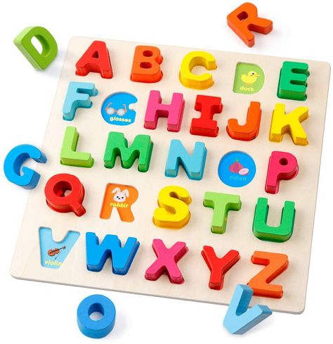 Cute Letters, Decent Puzzle: 26 pieces wood ABC upper case blocks, with bright colors and sweet illustrations of familiar objects provide terrific way to learn ABC's. Comes in gift box, size: 12.2x12x1inch, weigh 24.2oz. High Quality Kit: Each piece is well made and thick enough to easily stand up, can be arranged upright on a table. Smooth and well painted, lightweight and sturdy. The slots for the pieces are deep enough for the pieces to slide in. Children's Favorite Gift: Play with these t.. Wooden Alphabet Puzzle, Letter Sorting, Abc Puzzle, Alphabet Toys, Alphabet Puzzle, Abc Blocks, Montessori Educational Toys, Alphabet Puzzles, Learning Toys For Toddlers