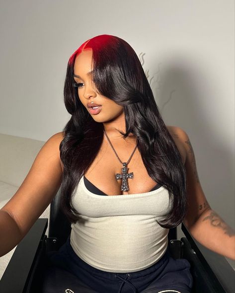 Red Root Black Hair, Dyed Roots Wig, Red Ombre Wig, Black Wig With Red Roots, Red Roots And Black Hair, Color Roots Black Hair, Black Hair With Red Roots, Black To Red Ombre Hair, Valentine Day Hairstyles For Black Women