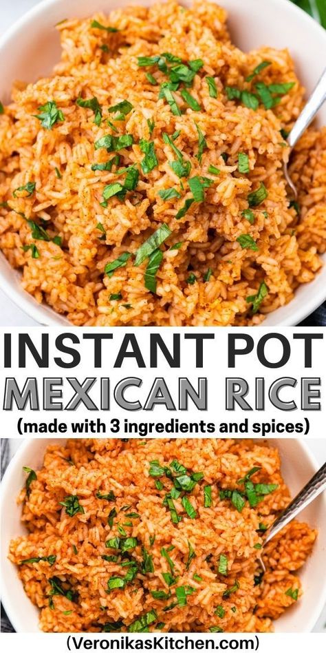 Cooked rice in tomato sauce, topped with chopped parsley in a bowl. Instant Pot Mexican Rice, Spanish Rice Recipe Easy, Instant Pot Mexican, Spanish Rice Easy, Mexican Rice Recipe, Mexican Rice Easy, Spanish Rice Recipe, Rice Side Dish Recipes, Mexican Rice Recipes