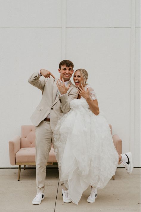 Sneaker With Wedding Dress, Wedding Party Sneakers, Matching Wedding Sneakers Bride And Groom, Matching Wedding Shoes Bride And Groom Nike, Suit With Sneakers Mens Wedding, Wedding Suit With Sneakers, Groom Sneakers Wedding, Bride And Groom Sneakers, Groom With Sneakers