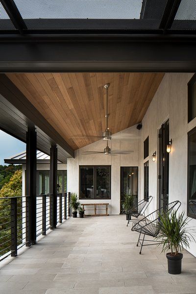 Modern Front Porch Decor, Modern Front Porches, River Garden, Modern Porch, Modern Outdoor Spaces, Porch Ceiling, Coastal Dining, Building A Porch, Stone Patio