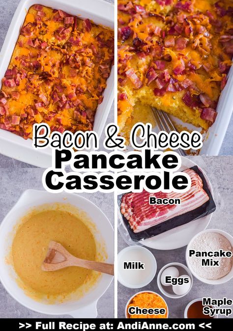 Bacon Meals Breakfast, Has Brown Casserole Breakfast Bacon, Pancake Egg Bake, Bacon Egg And Cheese Pancake Casserole, Bacon Egg Pancake Breakfast, Bacon Pancakes Recipe, Bacon Pancake Casserole, Easy Egg And Bacon Breakfast Ideas, Breakfast With Eggs And Bacon