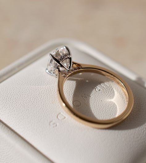 Three things I would do if I was getting an oval solitaire - hidden diamond halo and diamond bridge for extra glam, and a white gold basket to keep the centre stone crispy and icy white ✨ Details: - 2.5ct oval moissanite - 28x round moissanites for diamond halo and bridge - 14k white gold basket - 14k yellow gold - 2.1mm wide shank 2.5 Ct Round Engagement Ring, Engangement Rings, Oval Engagement Ring Settings, Cathedral Ring, Solitaire Engagement Ring Settings, Pretty Engagement Rings, Oval Solitaire Engagement Ring, Gold Basket, Ring Settings