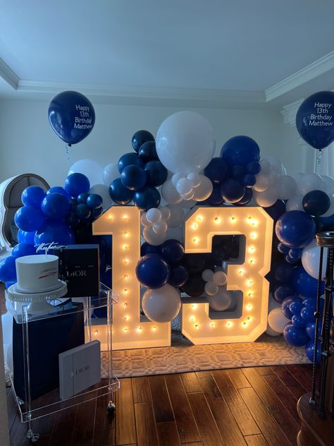 Black And Royal Blue Party Decorations, Blue And White Birthday Party Ideas, Navy Blue Themed Birthday Party, Birthday Decoration Ideas Blue And White, Blue And White Theme Birthday Decoration, Navy Blue Birthday Decorations, Dark Blue Themed Birthday Party, Blue 13th Birthday Party Ideas, White And Blue Birthday Theme