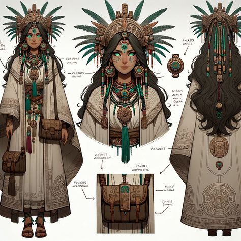 Ixchel is depicted in traditional Mesoamerican attire, with flowing robes adorned with symbols and glyphs. A decorative, feathered headpiece rests on her head. There are subtle elements in her attire hinting at her covert affiliation with the order. Her eyes are sharp and glowing green with the knowledge, giving her a glimpse of how Nawi perceives the world and reality around them understanding things at a deeper level for a time and understanding the responsibility of having such knowledge. Mayan Traditional Clothing, Mesoamerican Fantasy Art, Traditional Mayan Clothing, Mesoamerican Clothes, Aztec Traditional Clothing, Fantasy Mesoamerica, Aztec Woman Art, Mayan Character Design, Aztec Clothing Traditional