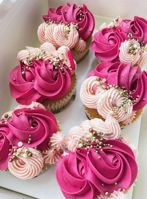 Raspberry Cupcakes Decoration, Pink And Gold Cupcake Ideas, Pink Birthday Cupcakes For Women, Pink Cupcake Decorating Ideas, Hot Pink Cupcakes Birthday, Shades Of Pink Cupcakes, Wedding Shower Cupcake Ideas, White Cupcake Ideas, Cupcake Designs Birthday