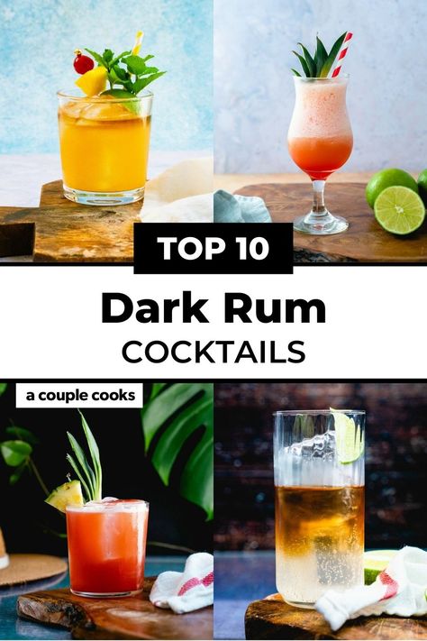 Try the top classic dark rum cocktails that highlight this unique type of rum! These drinks make the most of its deep caramel flavor. #darkrum #darkrumcocktails #darkrumdrinks Barista Basics, Dark Rum Drinks, Rum Drinks Easy, Spiced Rum Drinks, Rum Mixed Drinks, Dark Rum Cocktails, Spiced Rum Cocktails, Rum Drinks Recipes, A Couple Cooks