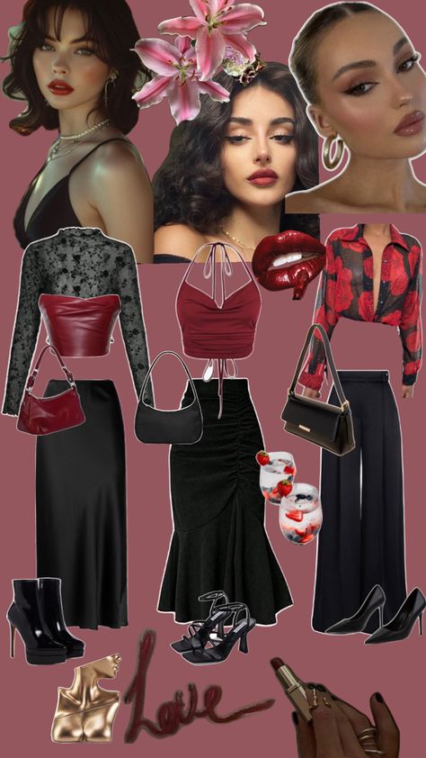 Red and black feminine outfits Feminine Aesthetic Outfit, Red Outfits Aesthetic, Dark Feminine Aesthetic Outfits, Black Feminine Outfit, Dark Feminine Outfits, Feminine Aesthetic Outfits, Looks Clean, Feminine Outfits, Clean Look