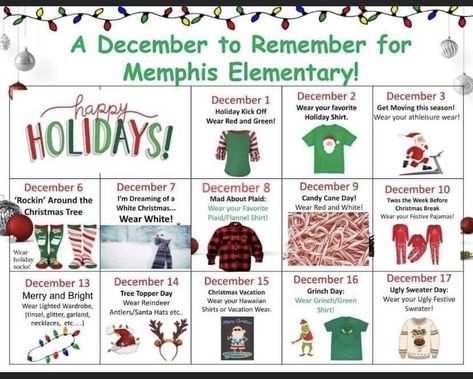 Holiday School Spirit Days, Christmas Spirit Week Ideas For Preschool, Christmas Spirit Week Elementary School, Winter Theme Days For School, December Sunshine Committee Ideas, Christmas Spirit Days School, Christmas Work Theme Days, Holiday Spirit Week Ideas School, Christmas Themed Days At School