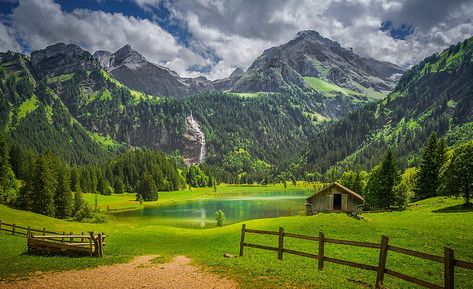 Swiss lake, lake, grassland, fence, hills, hut, house, cottage, view, greenery, Switzerland, bonito, mountain, swiss, HD wallpaper Switzerland Wallpaper, Swiss Landscape, Nature Desktop Wallpaper, Nature Images Hd, 4k Desktop Wallpapers, Nature Desktop, Waterfall Wallpaper, Nature Background Images, Hd Nature Wallpapers