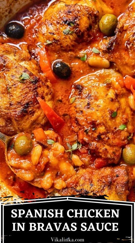 Try my Spanish Chicken recipe and add a touch of Mediterranean flare to your dinners! Spanish paprika flavoured chicken thighs are braised in a rich and tangy tomato sauce along with white beans and olives. Serve with rice and a simple salad. Chicken Casatorie Recipes, Medditeranean Chicken Thigh Recipes, Spain Chicken Recipes, Baked Chicken With Red Sauce, Spain Dishes Recipes, Chicken With Beans Recipes, Chicken Spanish Recipes, Spanish Whole Chicken Recipes, Spanish Chicken Casserole