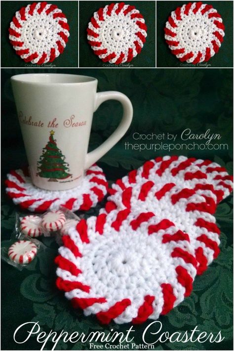 Peppermint Coasters – Free Crochet Pattern – The Purple Poncho #christmasinjuly #crochetcoasters #freecrochetpattern Peppermint Crochet Coasters, Crocheted Christmas Coasters, Peppermint Coasters Free Crochet Pattern, November Crochet, Crochet Christmas Coasters, Crocheted Coasters, Holiday Coasters, شال كروشيه, Crochet Coaster Pattern