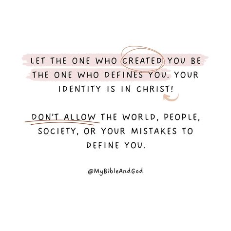 Your identity is in Christ! Don’t allow the world, people, society, or your mistakes to define you. Let God be the only one who defines you because He made you and He knows who you are and your identity. We all have those moments when the cares of our hearts are just so many, and if you experience this, let God’s word console and cheer your soul. Psalm 94:19 - and you will be reminded of who you are in Him. 👉 You are made in the image and likeness of God. (Genesis 1:27) 👉 You are fearfully... What God Knows About Me Quotes, You Are Made In The Image Of God, Not Knowing Who You Are, God Guides Quotes, Finding Identity In God, God Is With Us Quotes, Created In The Image Of God, God Cares For You Quotes, Gods Words Of Wisdom